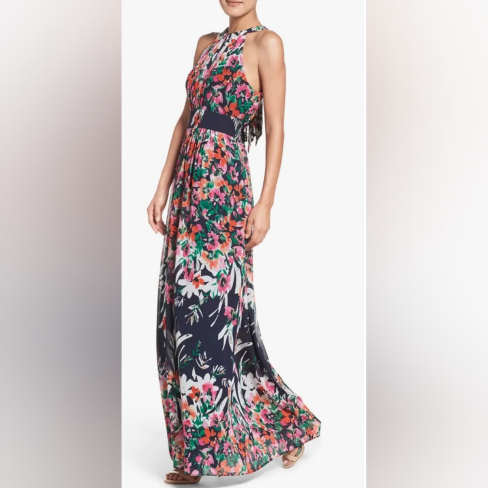 Eliza J Halter Chiffon Maxi Dress – Navy Pink Floral Party Spring Summer Resort